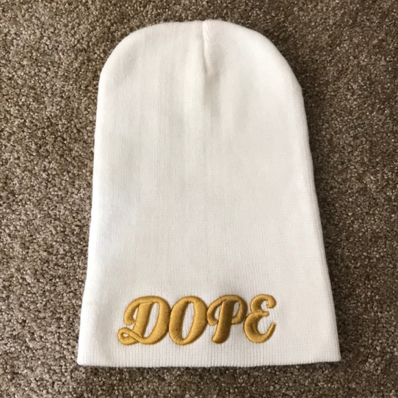 Accessories - White/cream beanie that reads “Dope”. Accessories - White/cream beanie that reads “Dope”.